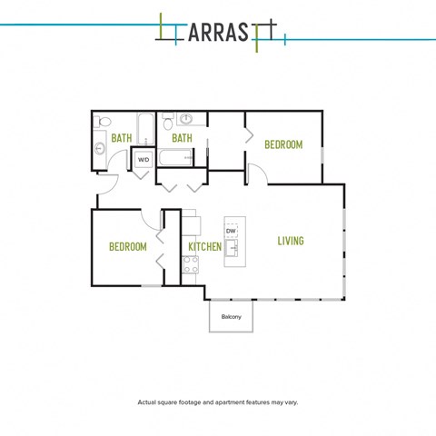 Floor plan for 2 beds, 2 baths, 970 sqft